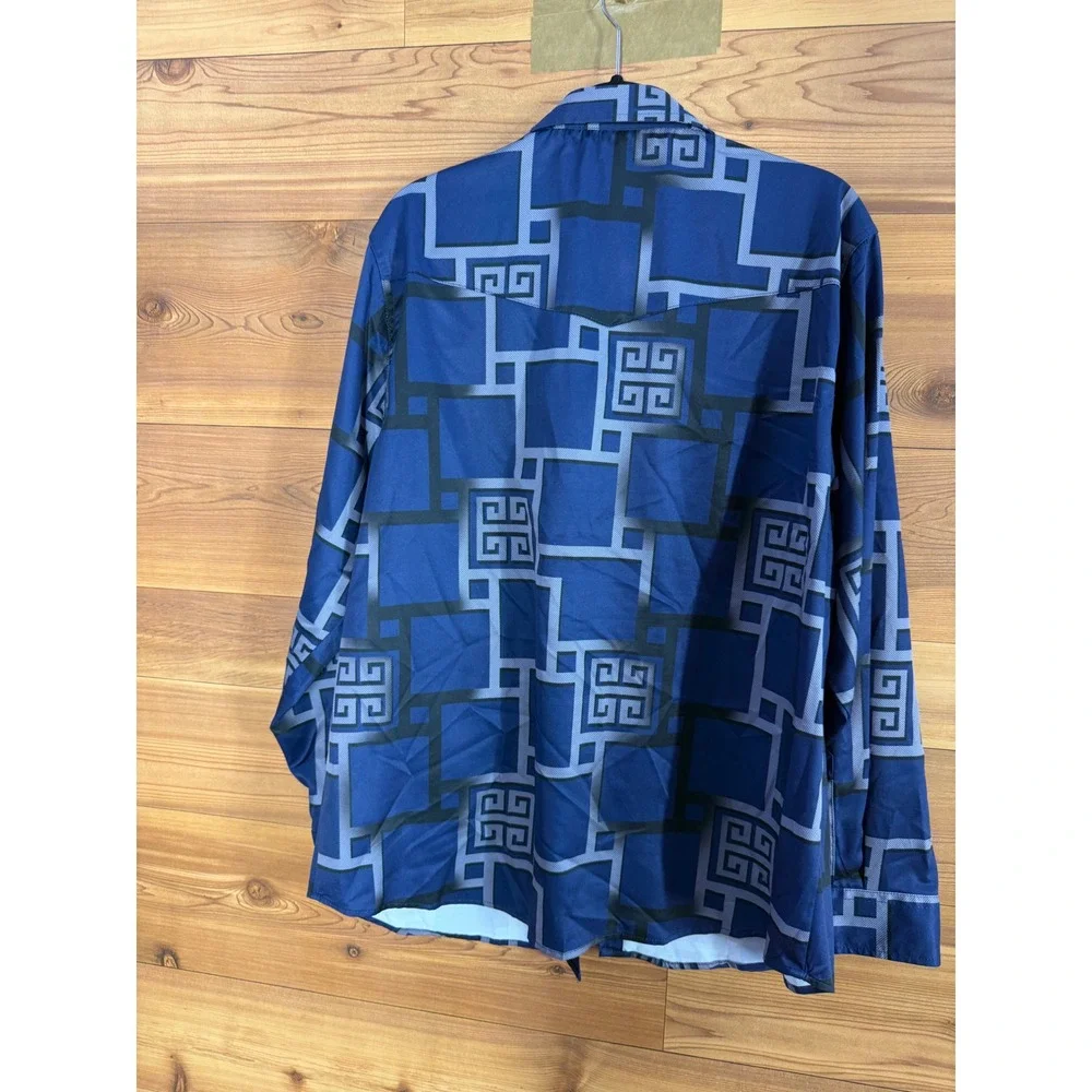 Senor De Los Cielos Mens 2XL Blue Geometric Greek Key Western Button Down Shirt